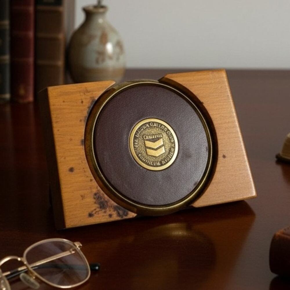 Vintage Chevron One Million Gallon Solid Brass Coasters Set Wood Holder